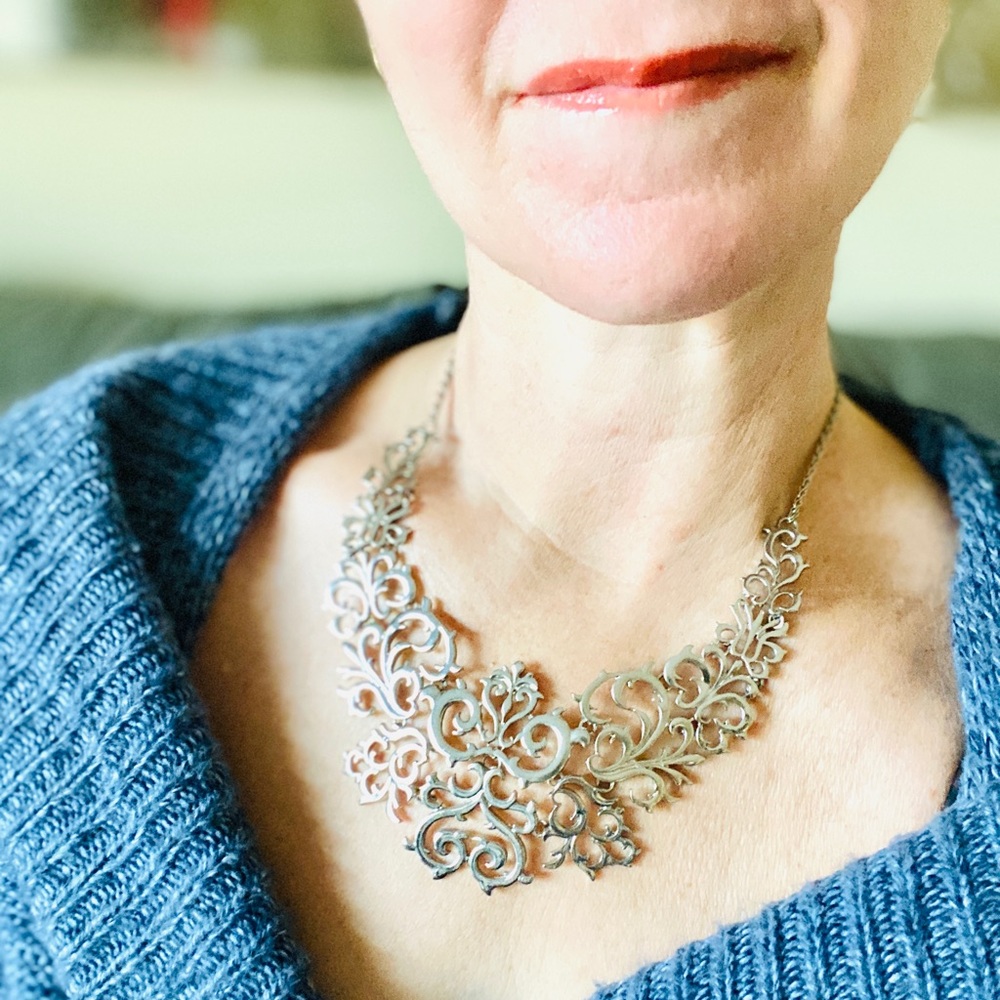Silver STATEMENT NECKLACE big floral bib metal baroque Victorian chain wedding